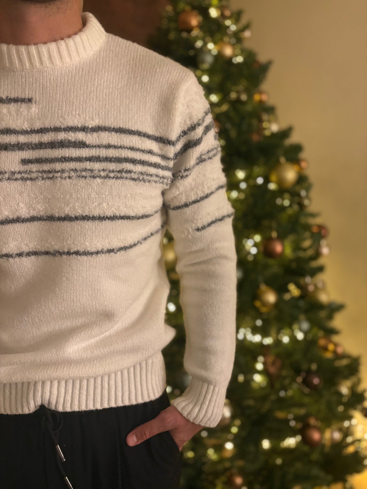 Pull Blanc rayé gris